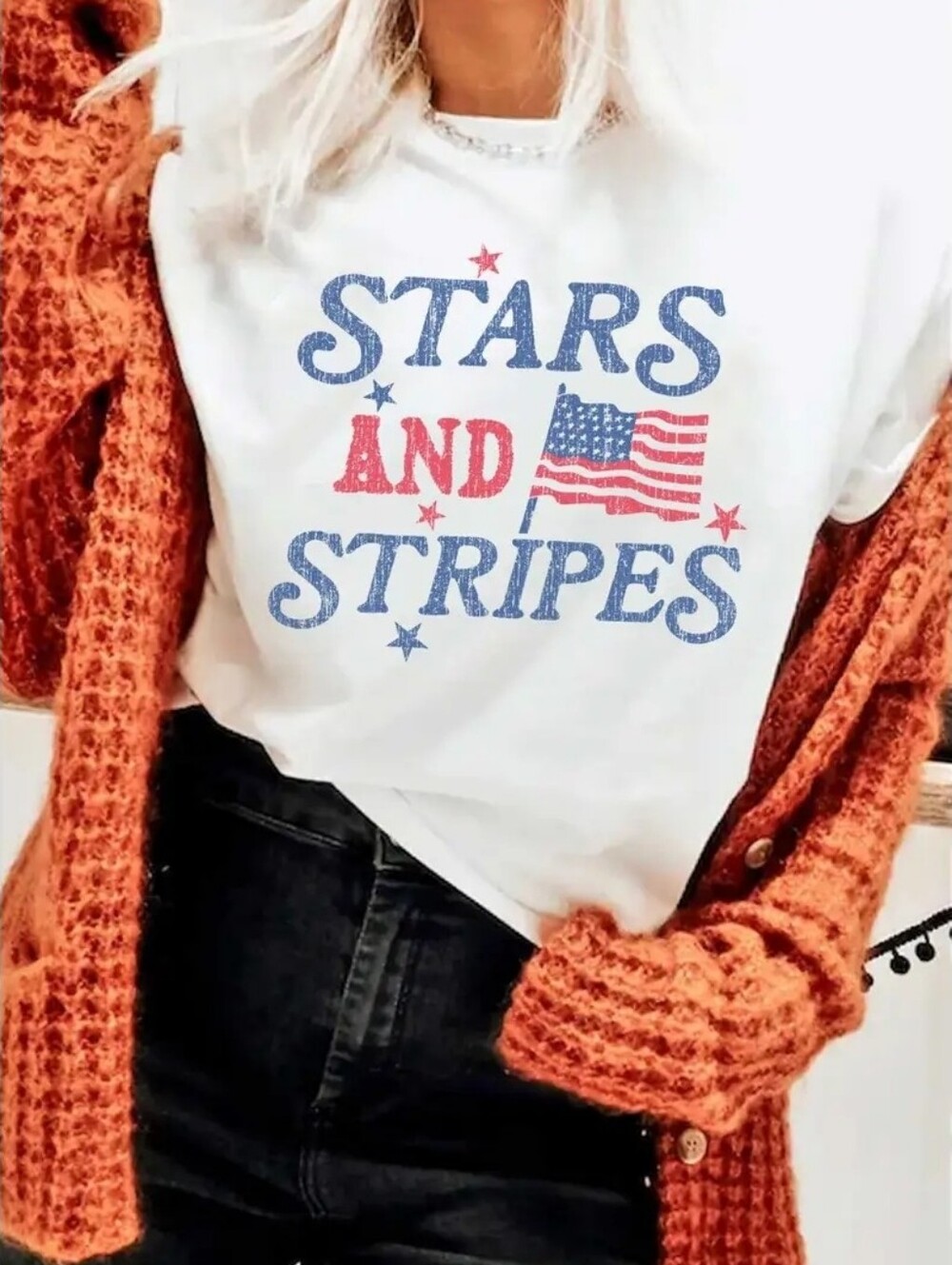 Stars and Stripes Graphic Tee - White with Red & Blue Print